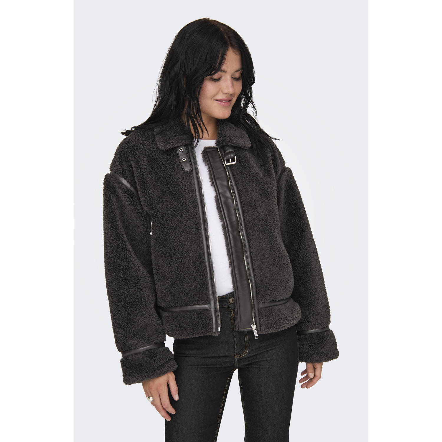 Only Regular fit jack van teddybont met details van imitatieleer model 'MICHELLE'