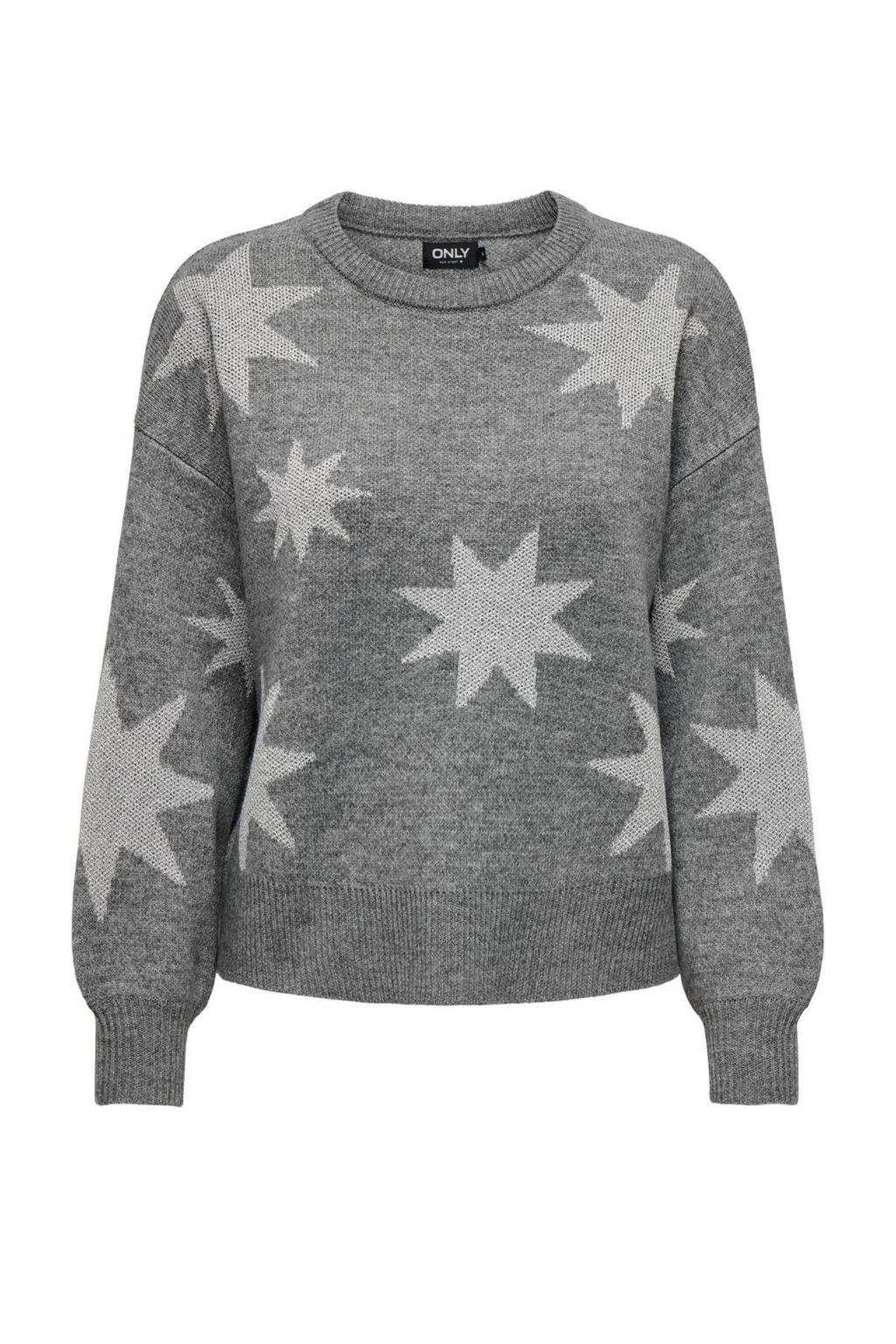 Grijs en witte dames ONLY gebreide trui van acryl met sterrenprint, lange mouwen en ronde hals