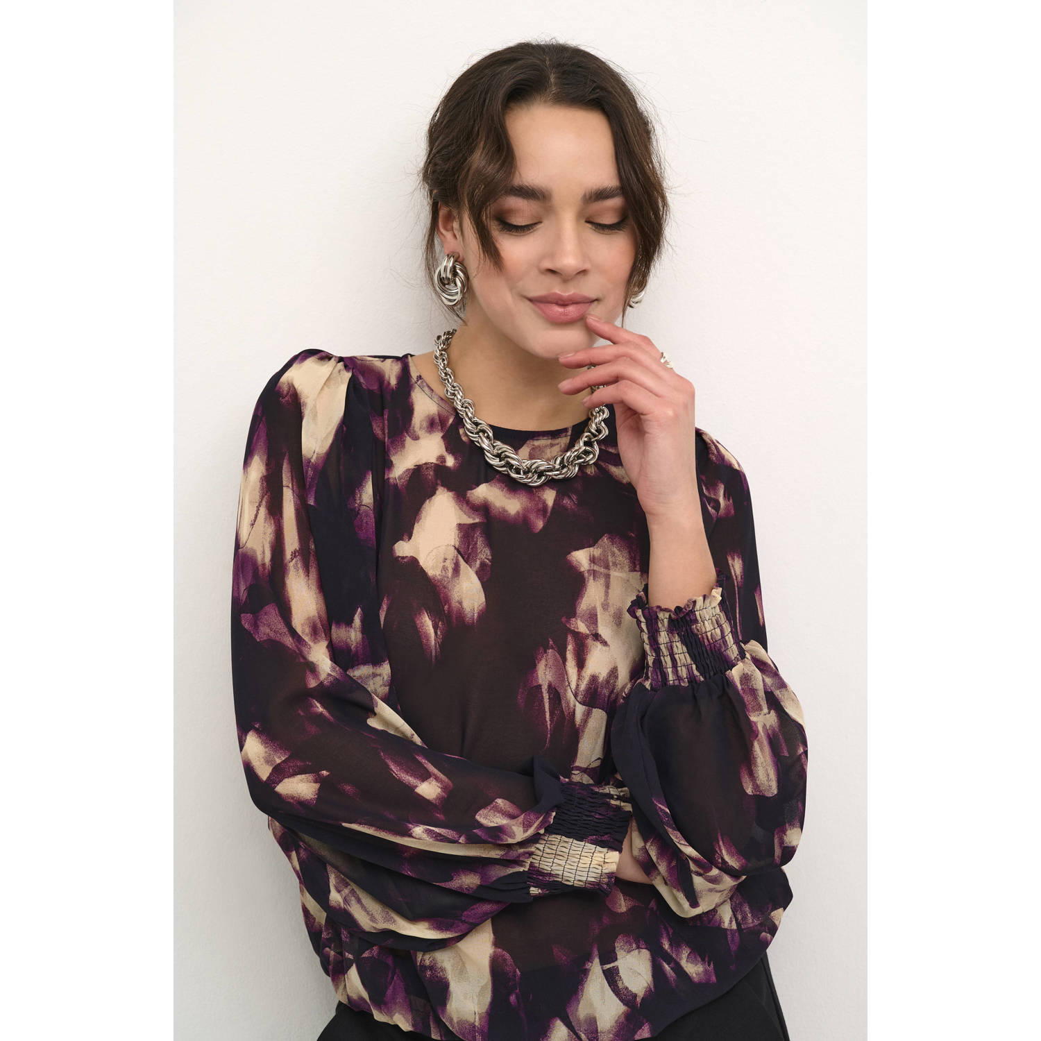 Kaffe Paarse Wazige Grafische Smock Blouse Purple Dames