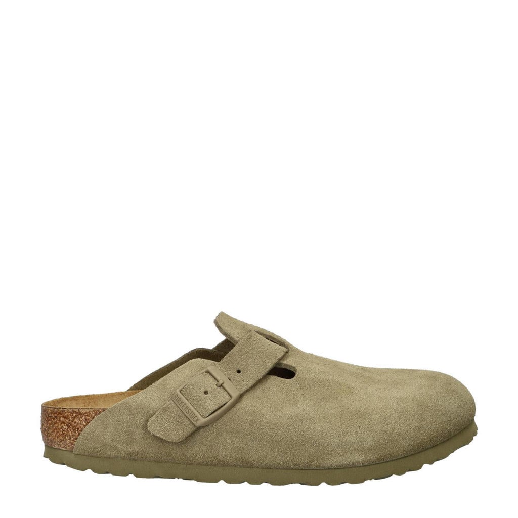 Kakikleurige dames Birkenstock Boston suède clogs met gesp en effen