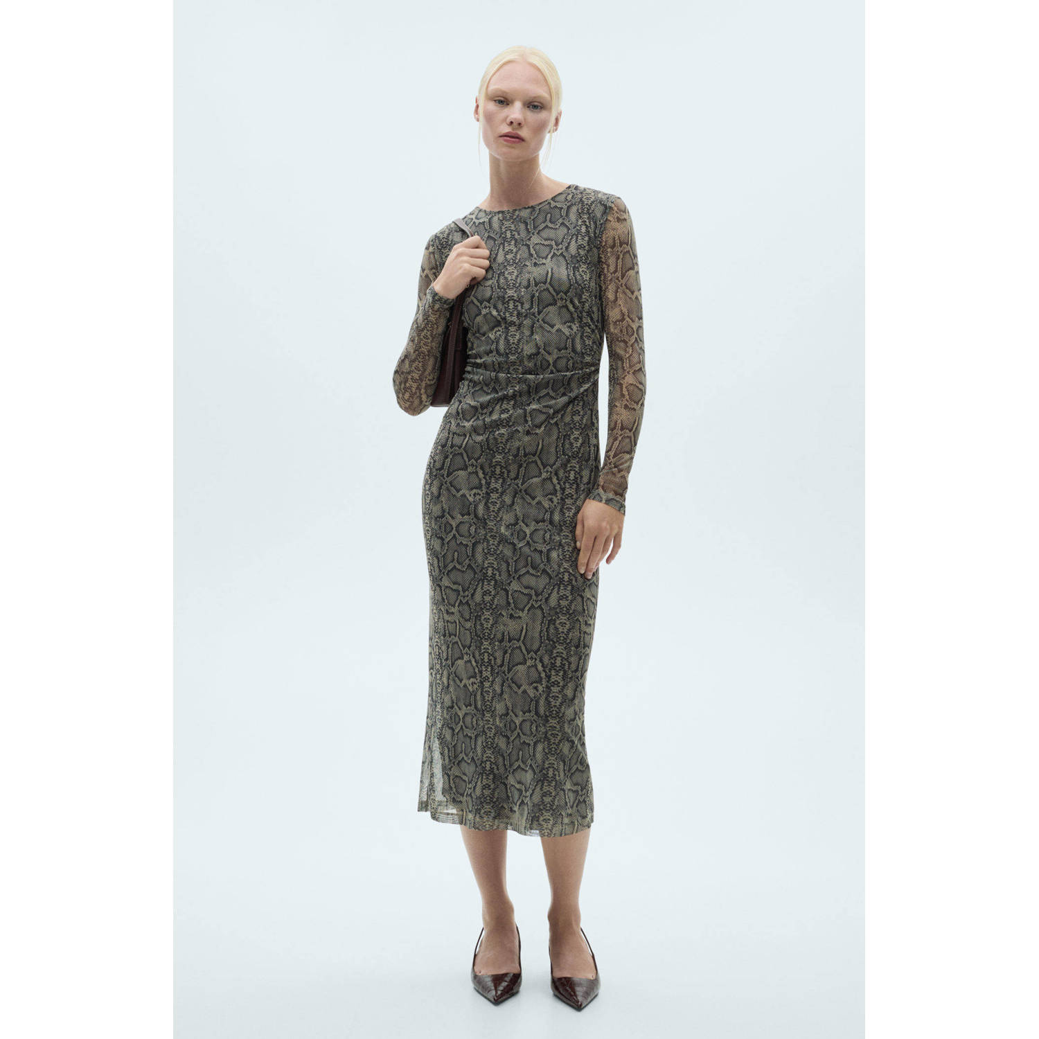 Mango jurk met dierenprint en mesh kaki zwart
