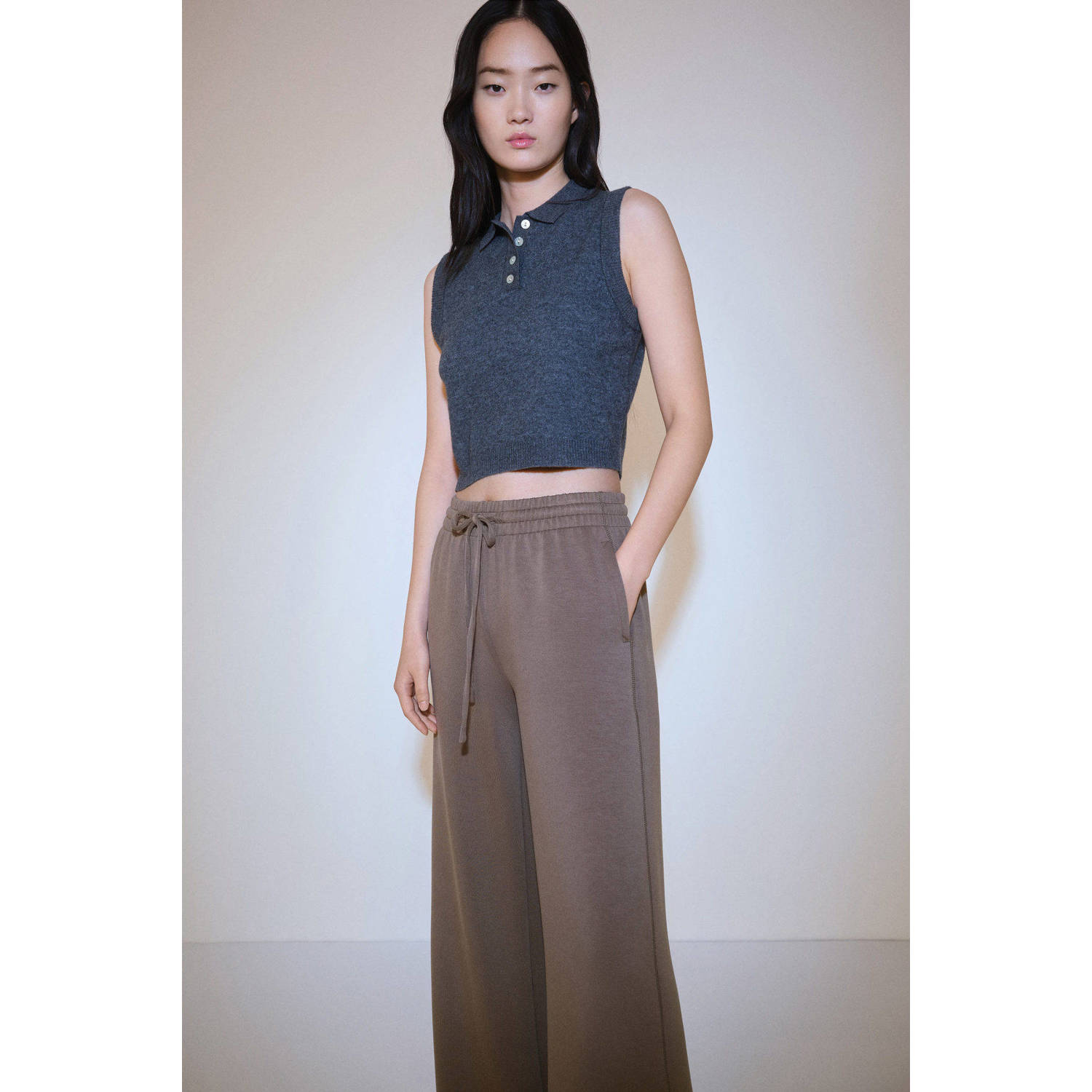 Mango wide leg regular waist broek bruin