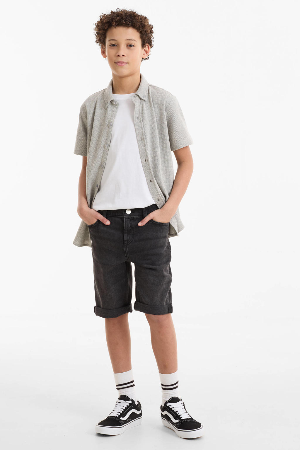 Grey denim jongens anytime short van denim met regular waist, rits- en knoopsluiting en effen