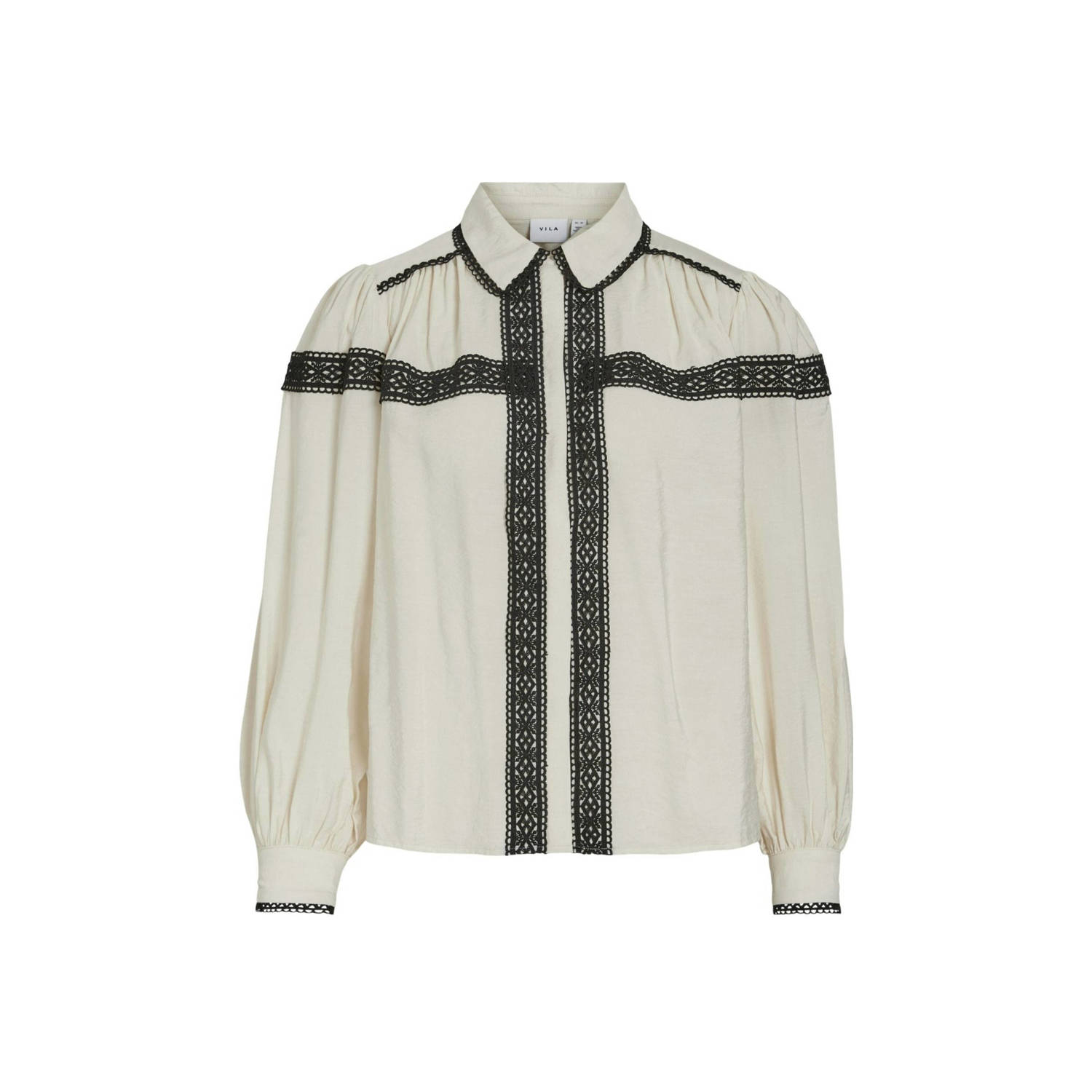 VILA blouse VIDOLA met contrastbies ecru zwart
