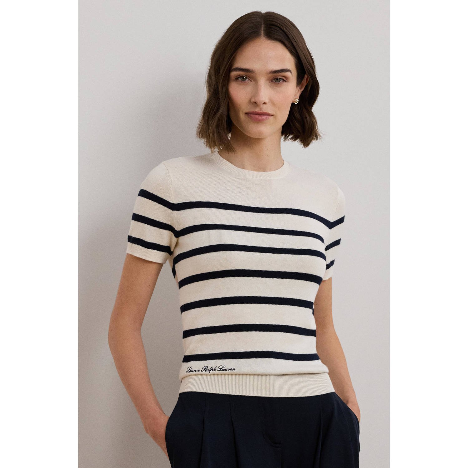 Ralph Lauren Creme Lauren Creme Marine Gestreepte Korte Mouw Sweater Beige Dames