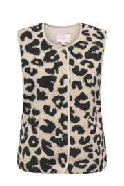 thumbnail: Beige en zwarte dames ONLY gilet van teddy materiaal met panterprint, ronde hals en knoopsluiting