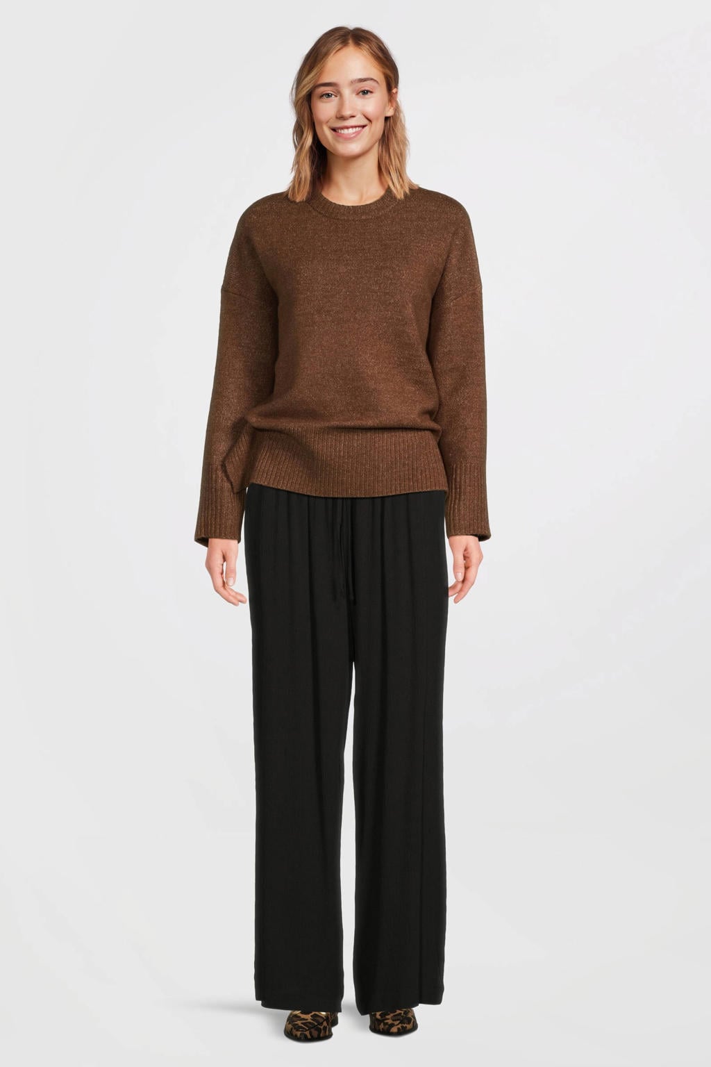Zwarte dames Imagine crinkle wide leg broek van viscose met high waist, elastische tailleband met koord en effen