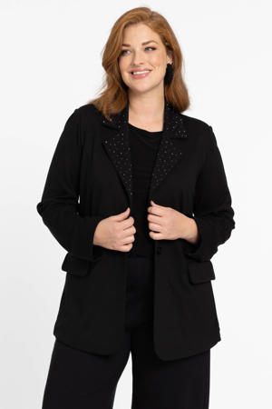 rechtvallende blazer met all over print en strass steentjes zwart
