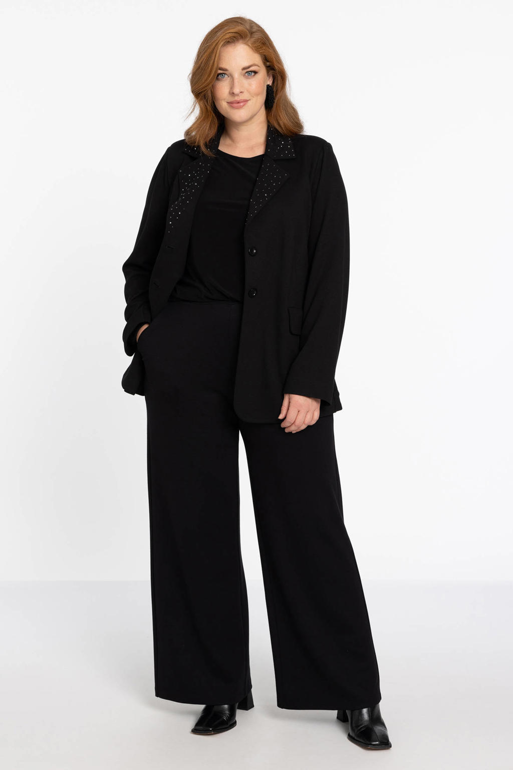 YOEK rechtvallende blazer met all over print en strass steentjes zwart