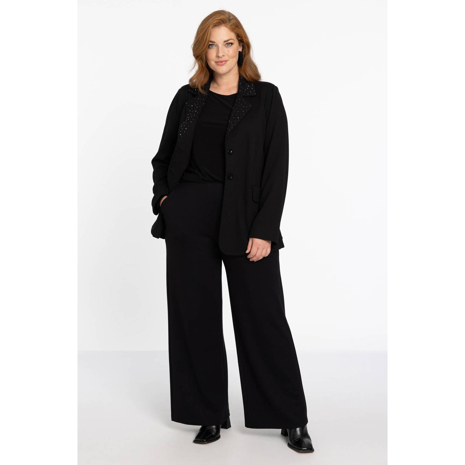 YOEK rechtvallende blazer met all over print en strass steentjes zwart