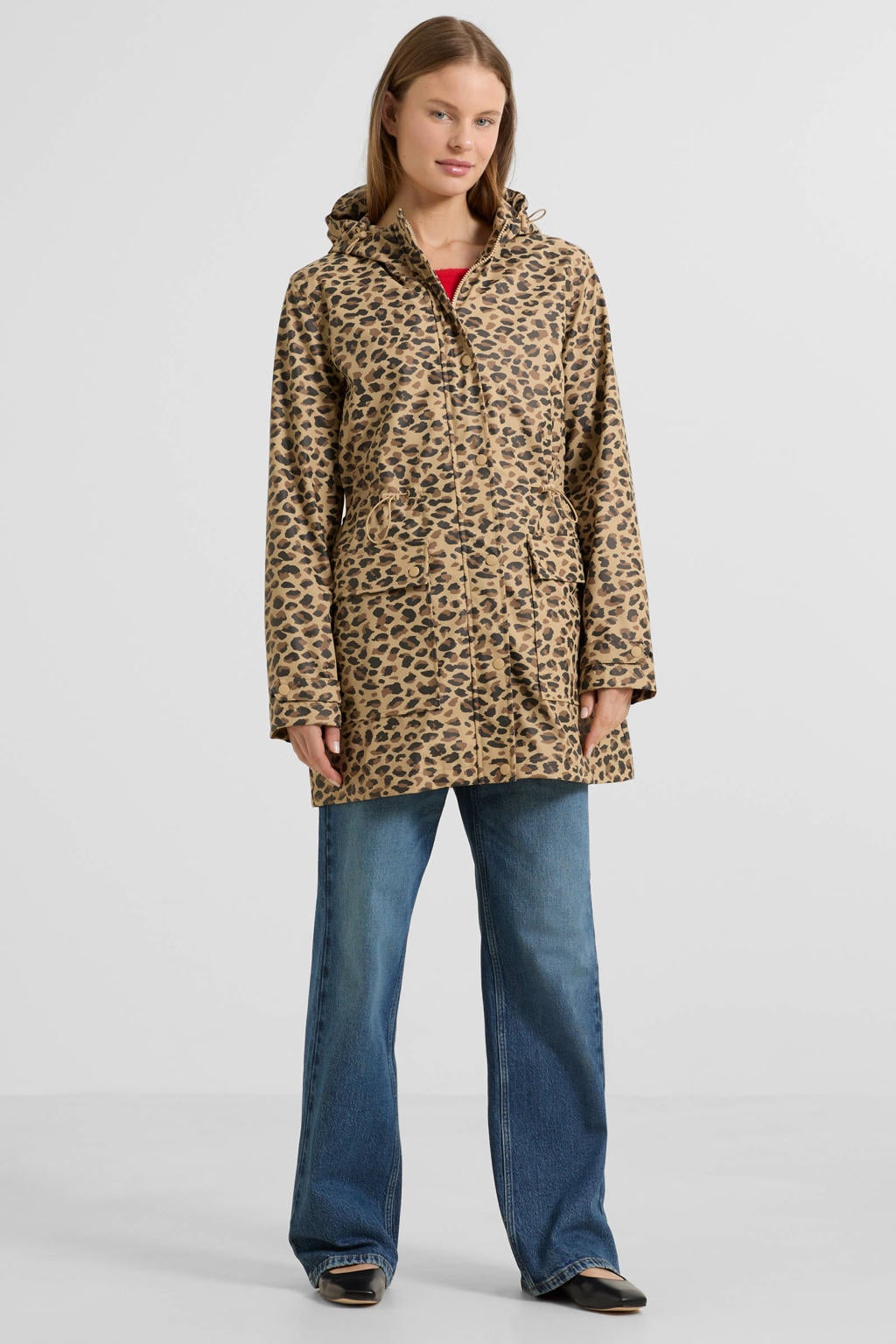 Zandkleurige dames Anytime regenjas leopard print van polyester met lange mouwen en capuchon