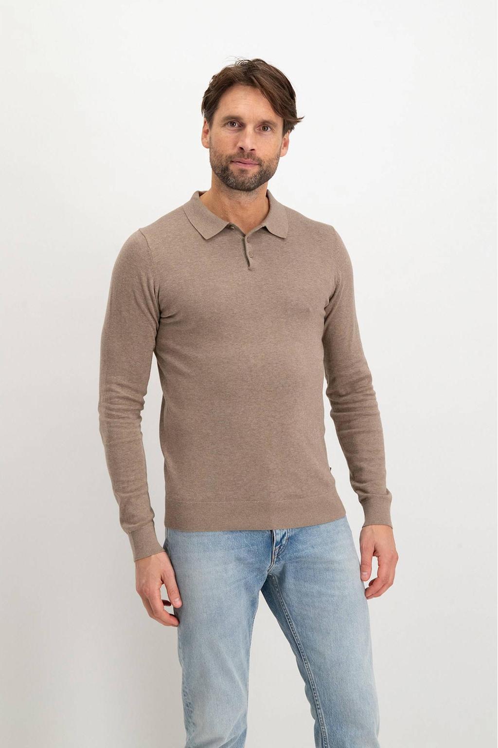 Bruine heren Saint Steve slim polo fijn gebreid van katoen met melée print en lange mouwen