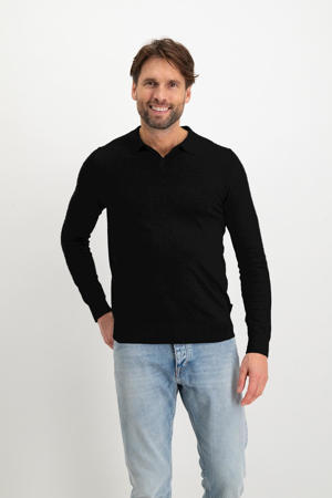 slim polo fijn gebreid zwart