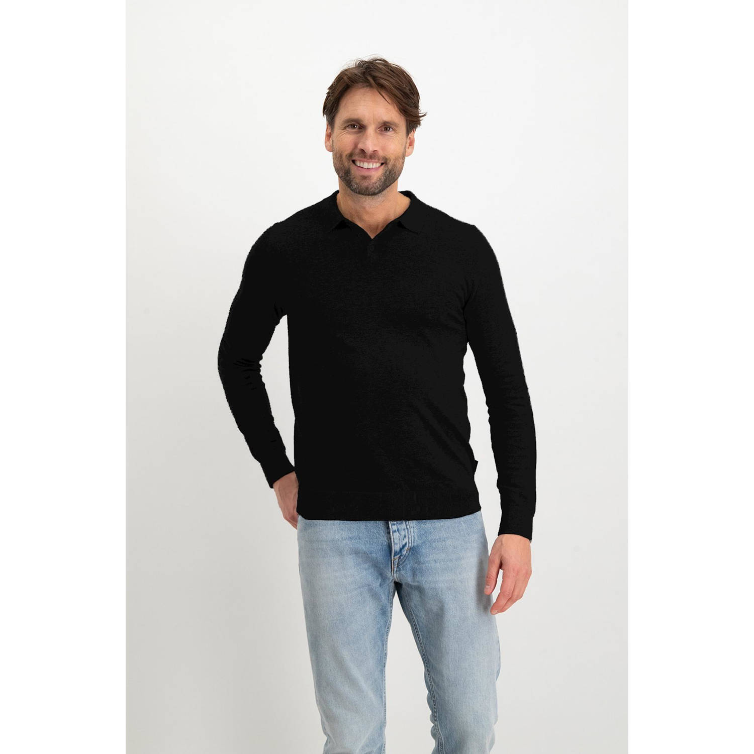Saint Steve slim polo fijn gebreid zwart