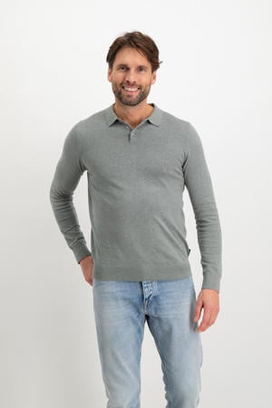 slim polo fijn gebreid grijsgroen