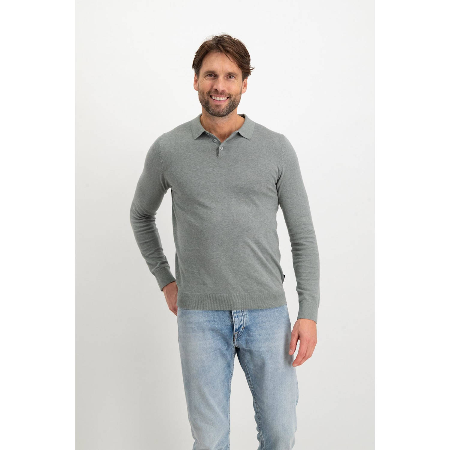 Saint Steve slim polo fijn gebreid grijsgroen