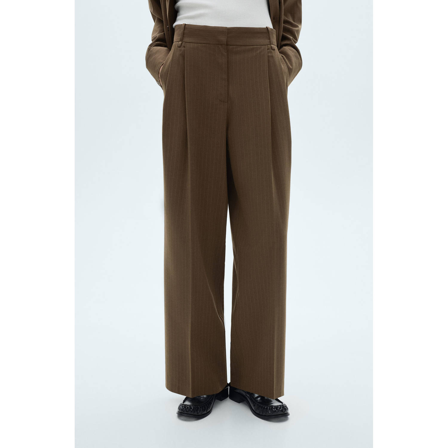 Mango high waist wide leg pantalon met krijtstreep bruin