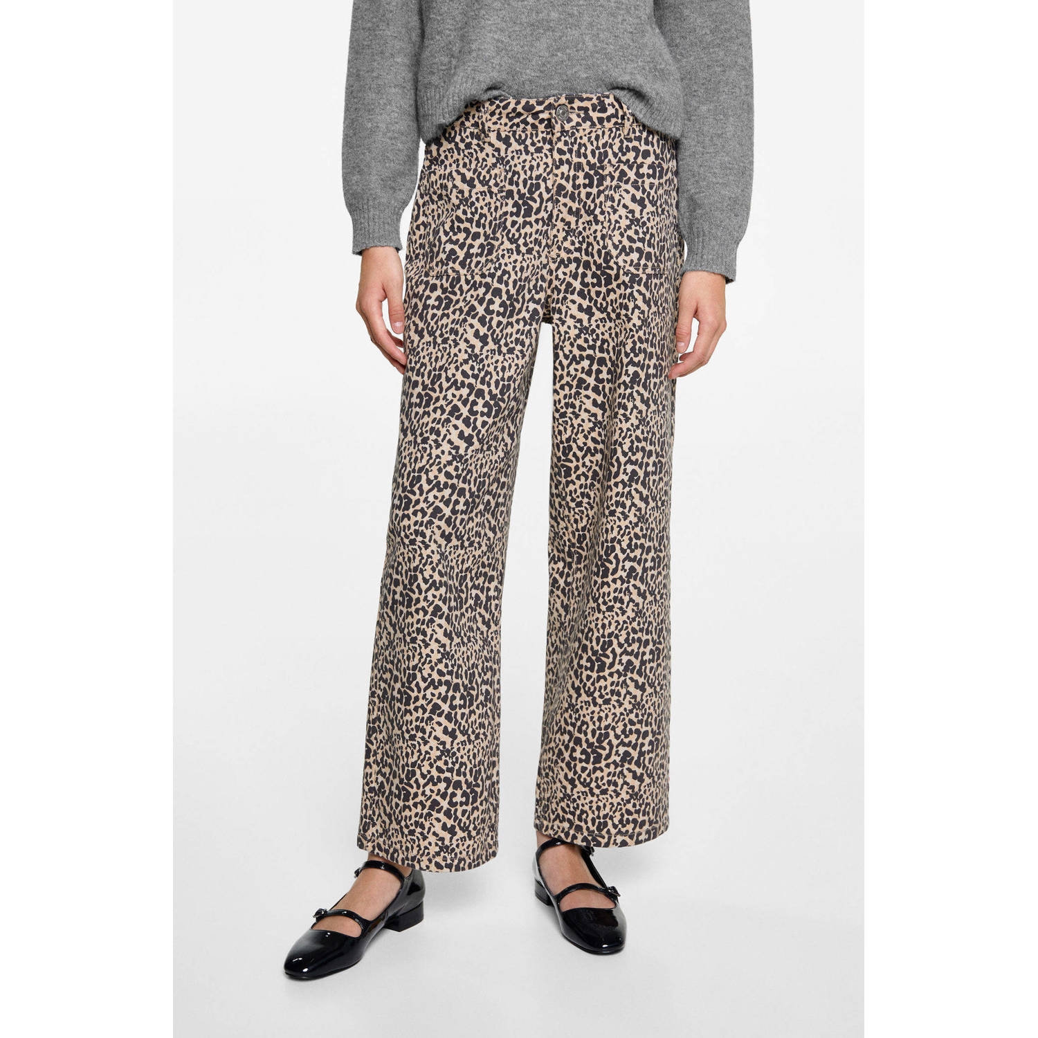 MANGO TEEN straight fit broek met panterprint lichtbruin zwart