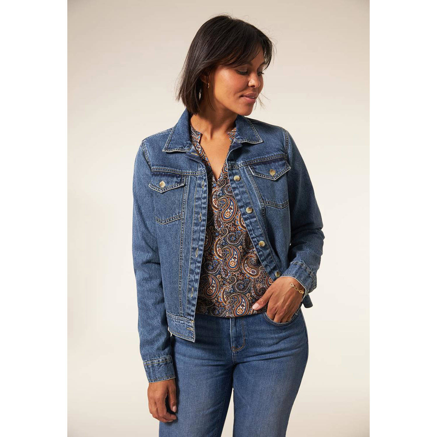 Miss Etam spijkerjas Roxy met backprint medium denim blue