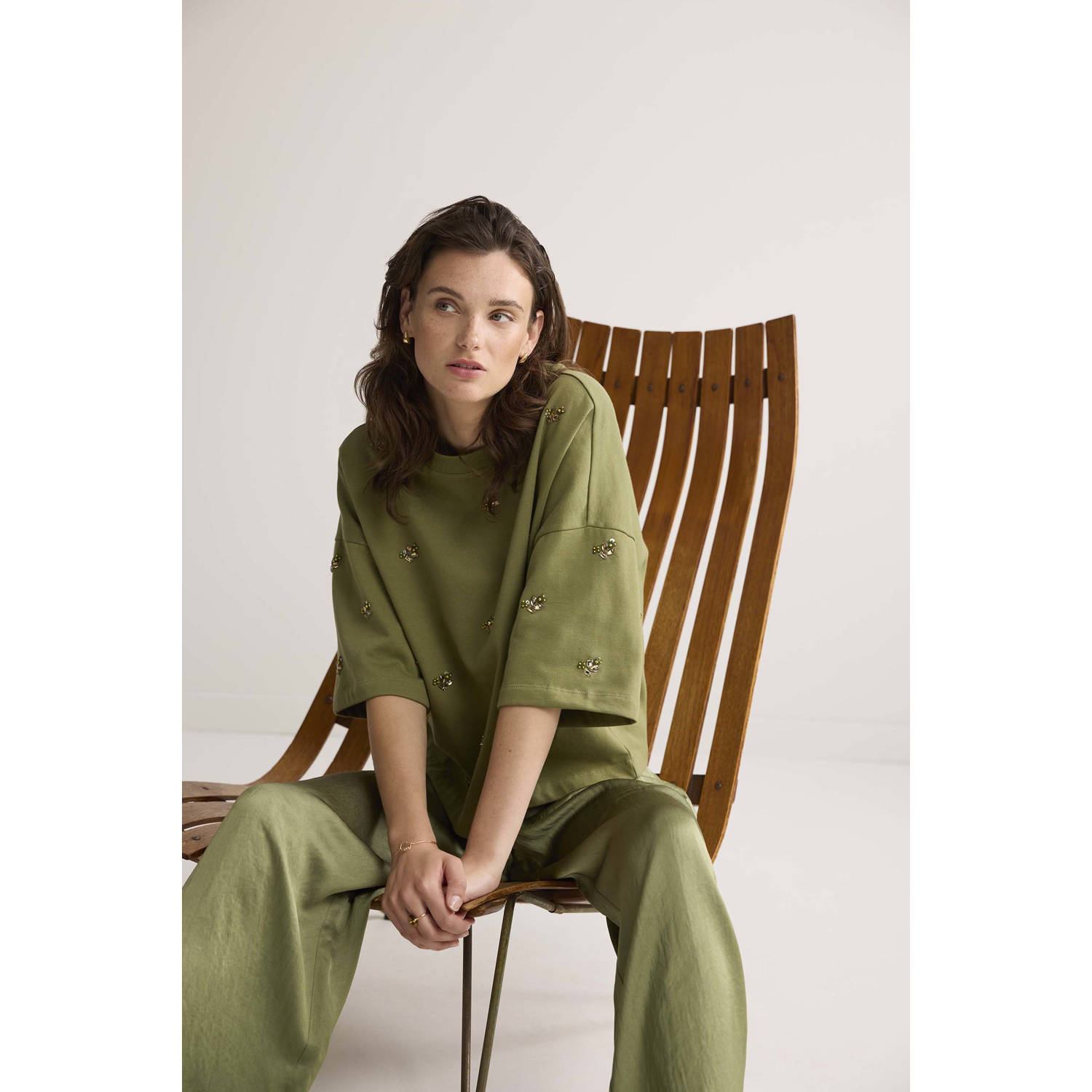 Summum sweater olijfgroen met parels