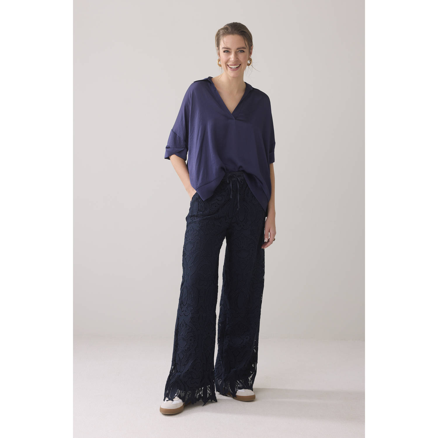 Summum wide leg regular waist casual broek donkerblauw