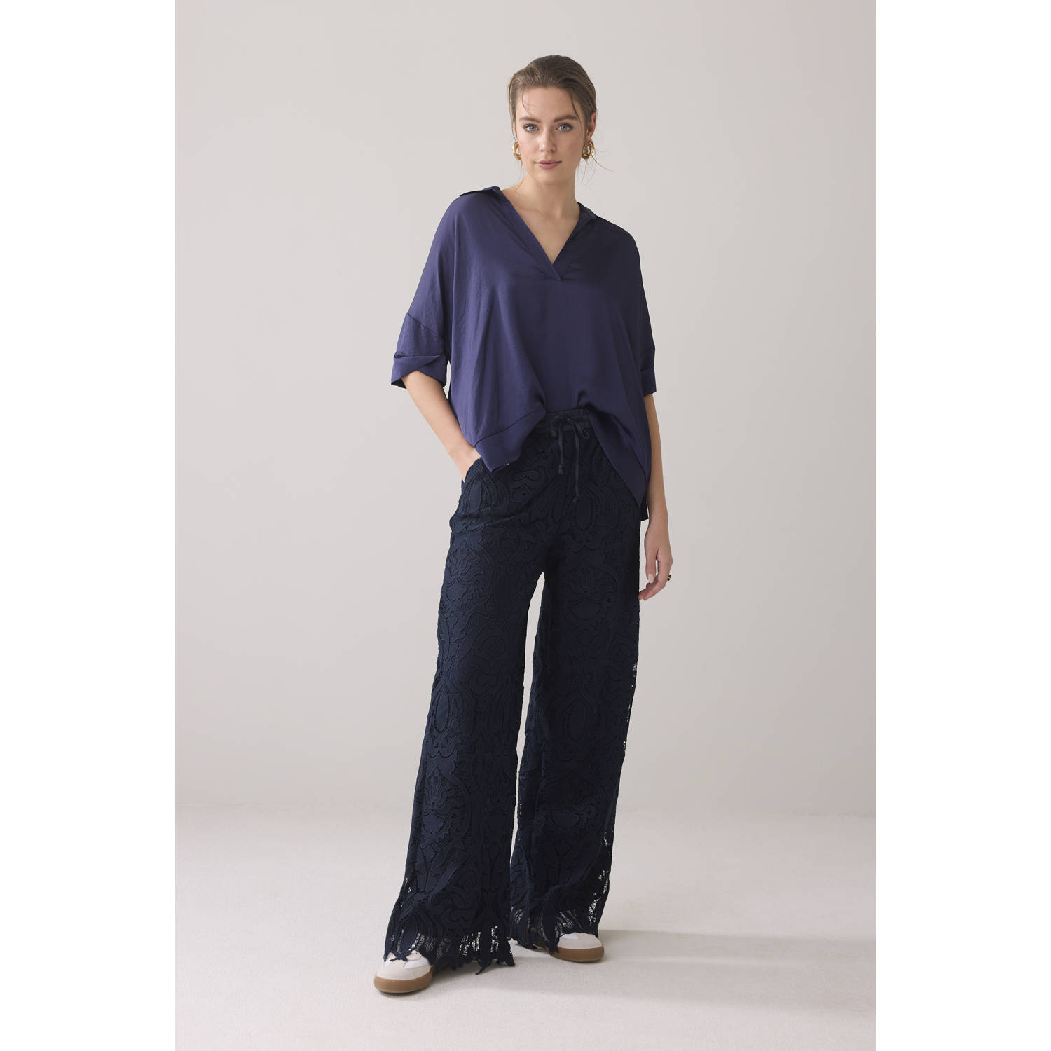 Summum wide leg regular waist casual broek donkerblauw