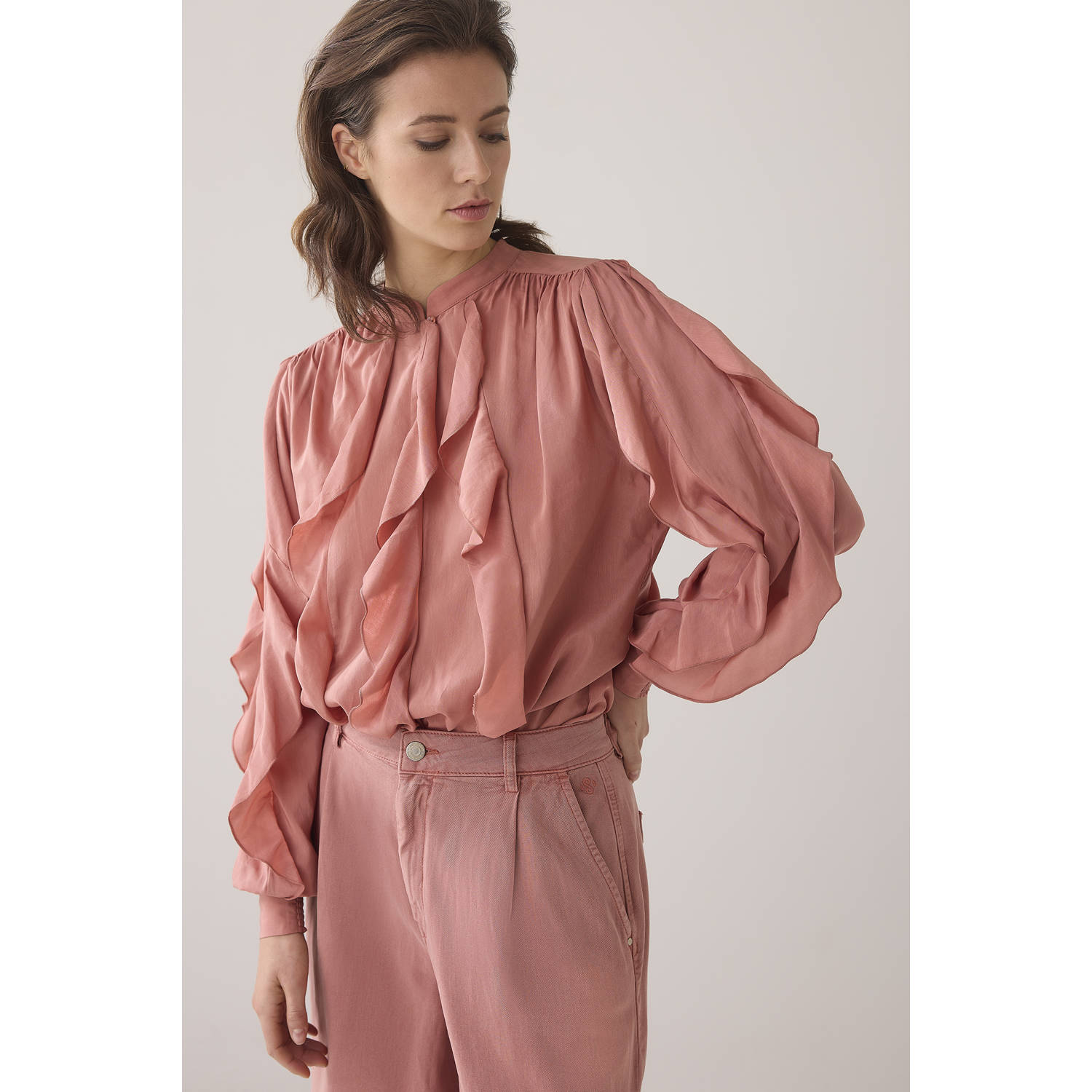 Summum wide leg high waist casual broek roodbruin