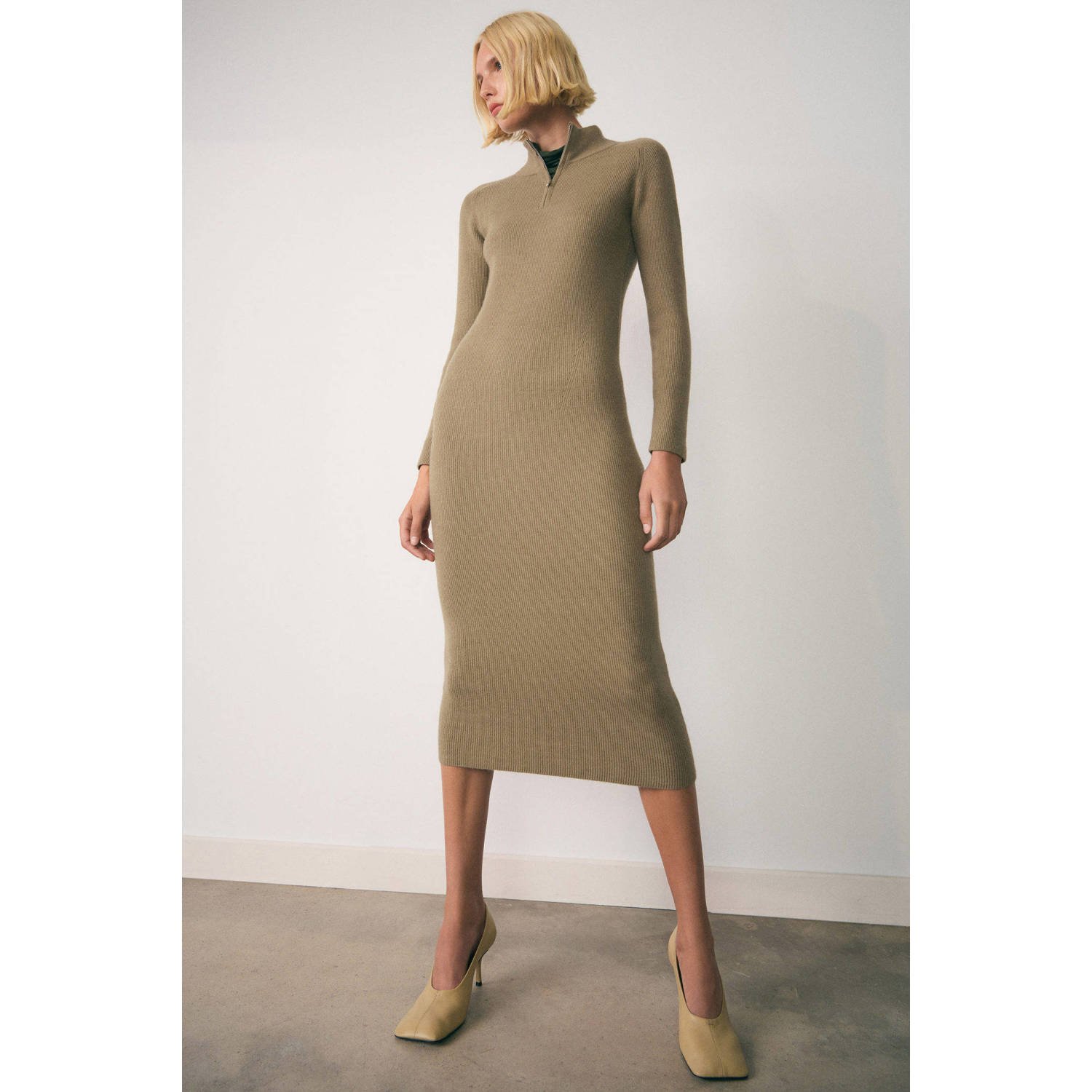 Mango midi jurk kaki