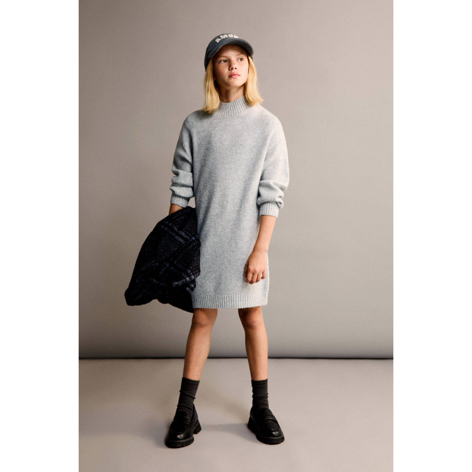 Mango Kids midi jurk gebreid grijs