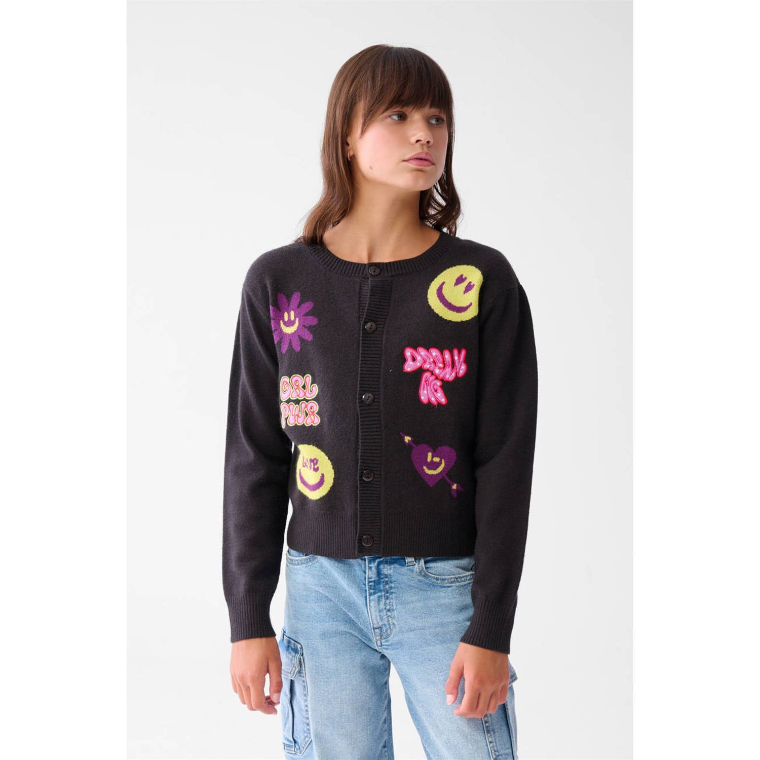 Shoeby gebreid vest met tekst donkergrijs multi