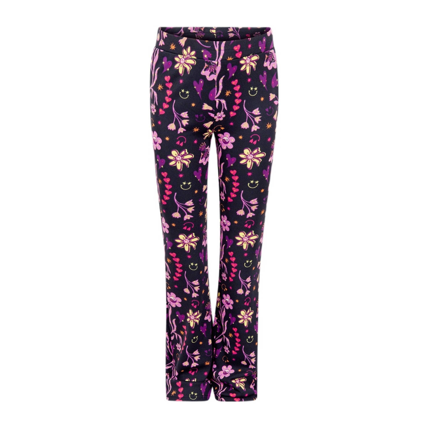 Shoeby high waist flared legging met all over print zwart roze lila groen