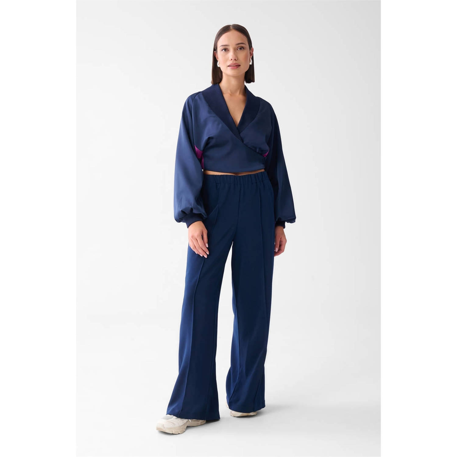Shoeby high waist loose fit broek donkerblauw roze