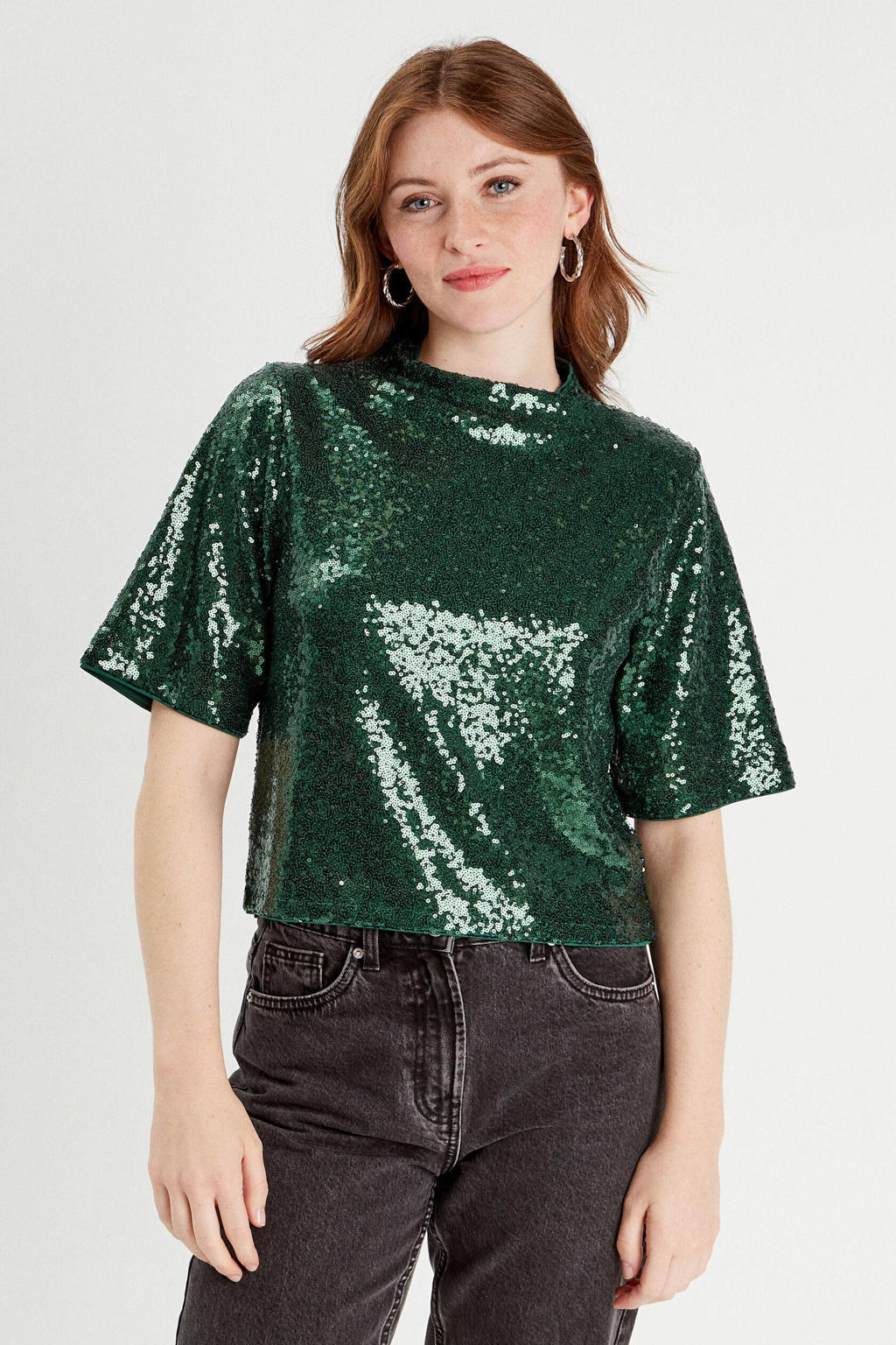 MINTLIMIT Dames pailletten glitter top korte mouwen V-hals T