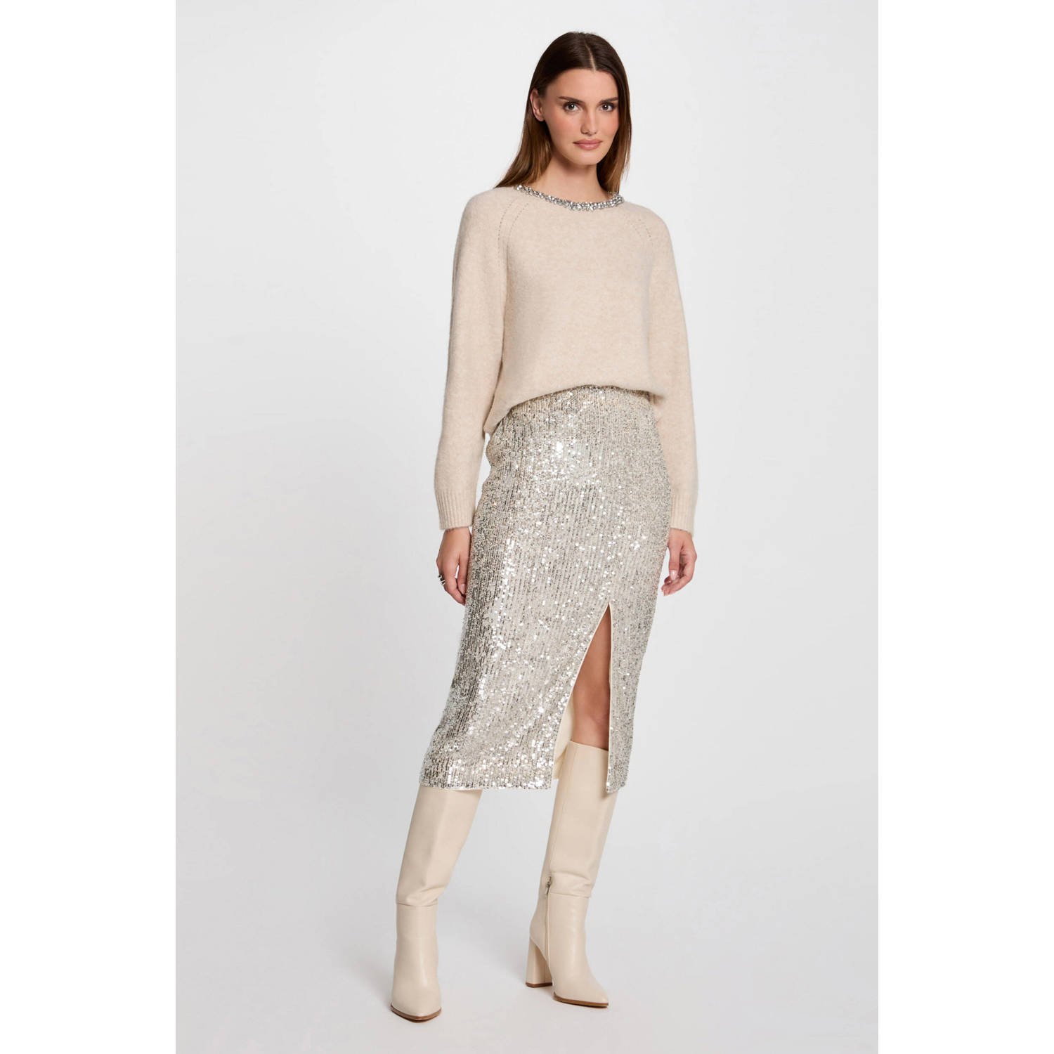 Morgan trui met strass steentjes beige