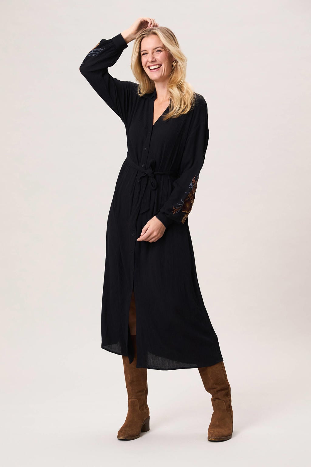 Zwarte dames Miss Etam blousejurk van viscose met effen, lange mouwen, V-hals, knoopsluiting en broderie