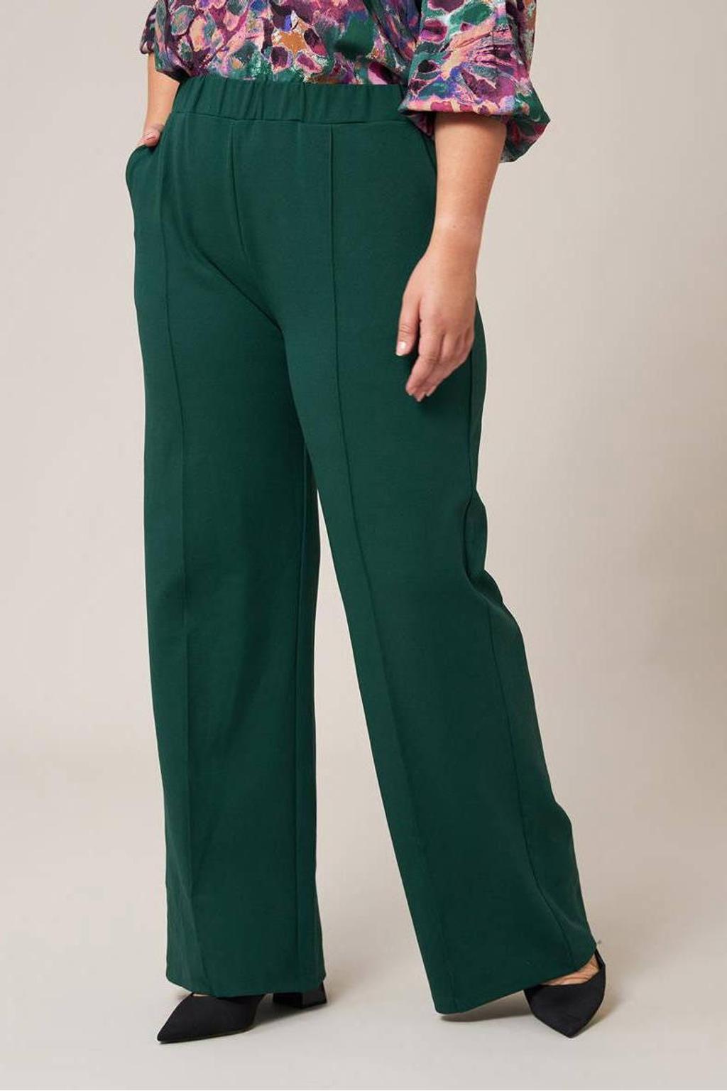 Donkergroene dames Miss Etam Plus wide leg broek met effen
