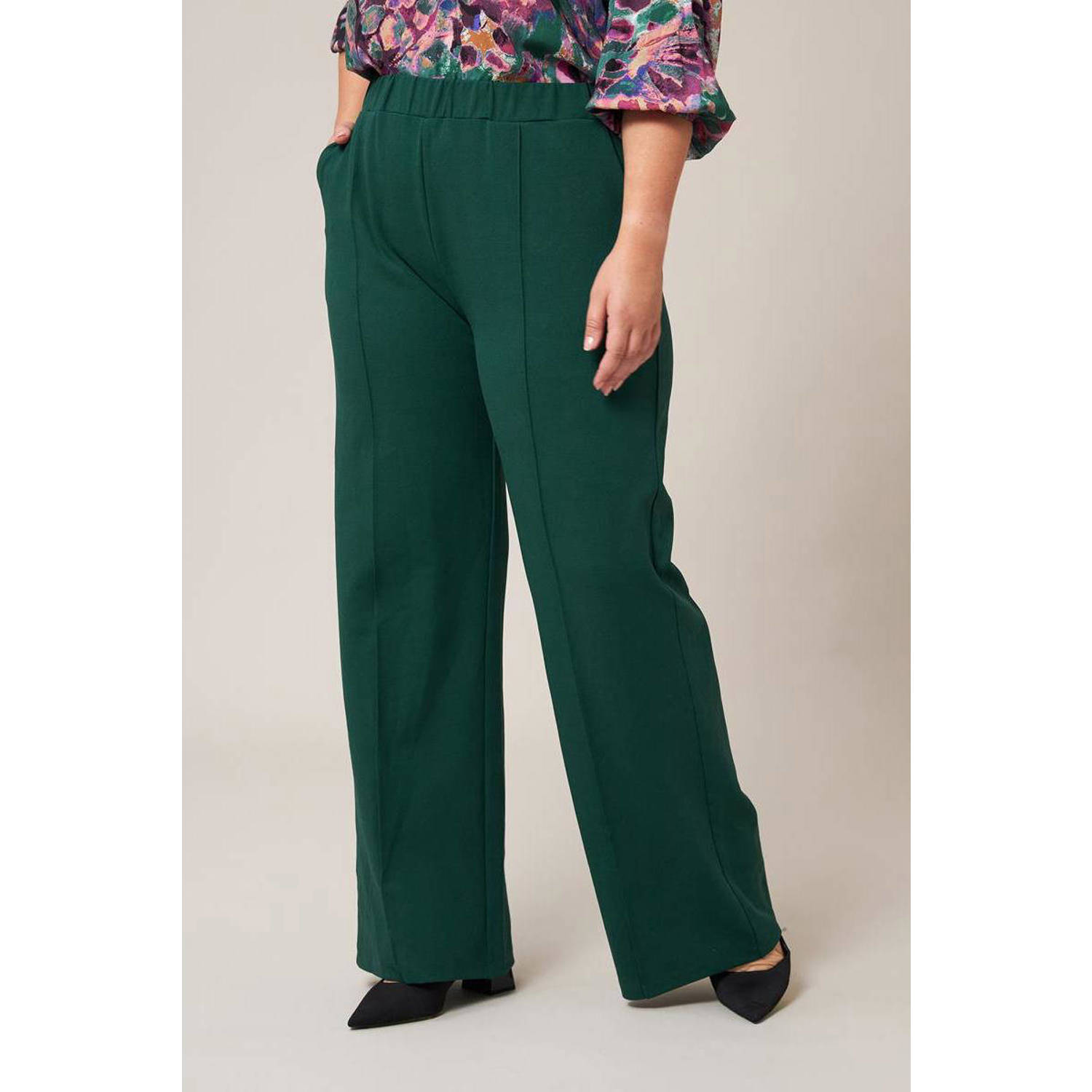 Miss Etam Plus wide leg broek donkergroen