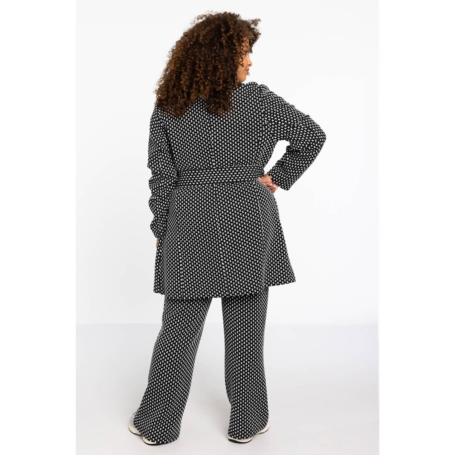 YOEK oversized blazer met all over print en ceintuur zwart