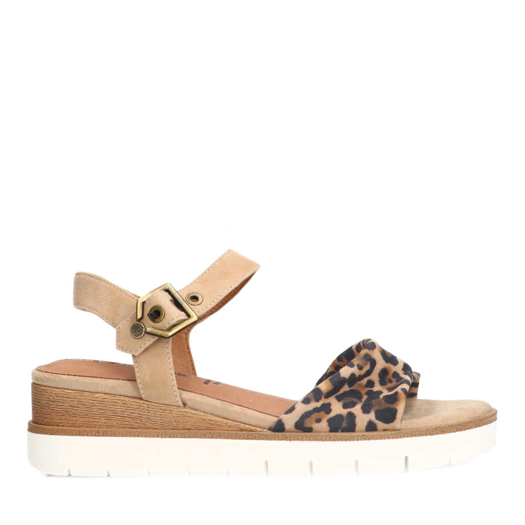 Beige dames No Stress suède sandalen van leer met gesp en panterprint