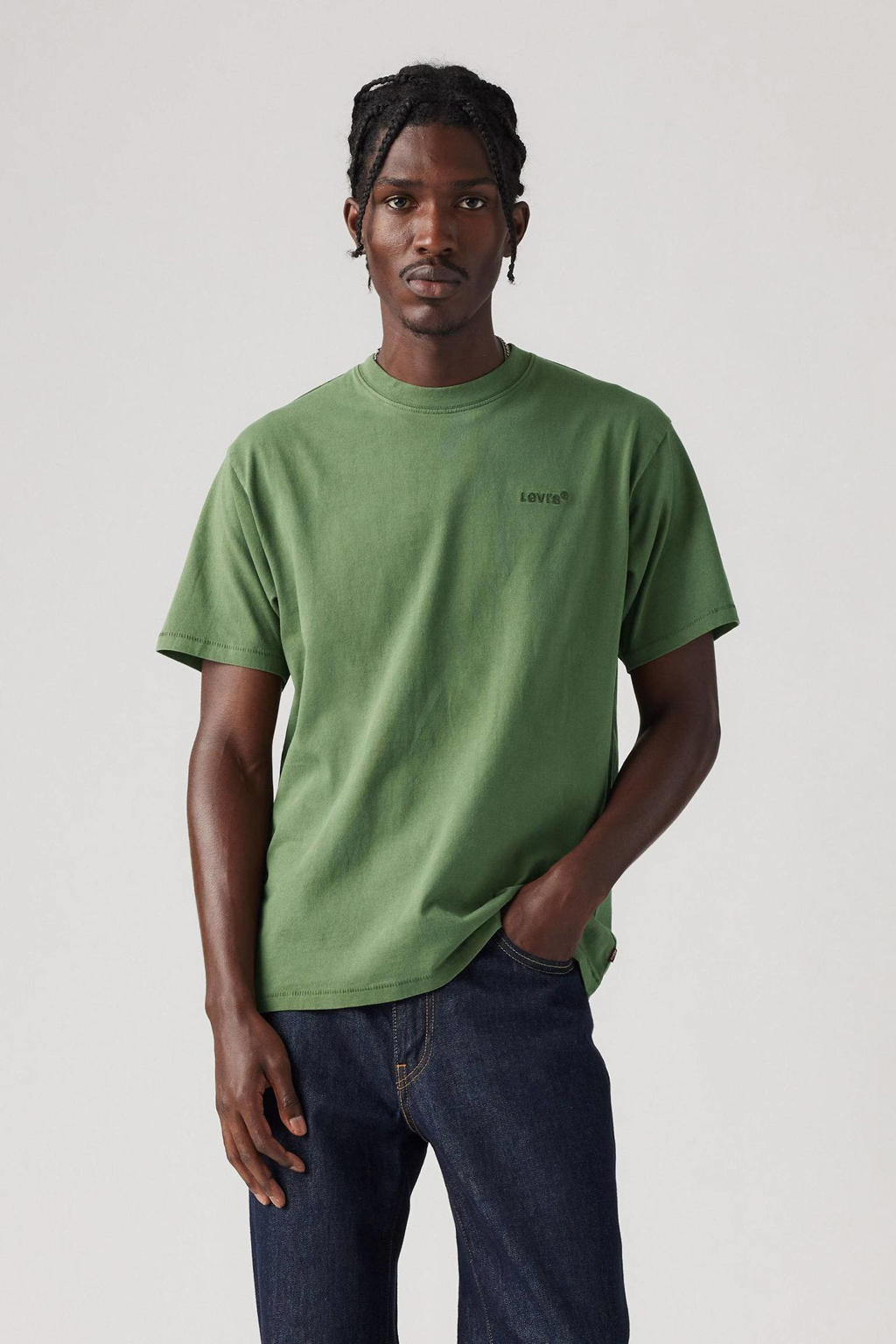 Groene heren Levi's T-shirt van katoen met effen, korte mouwen en ronde hals