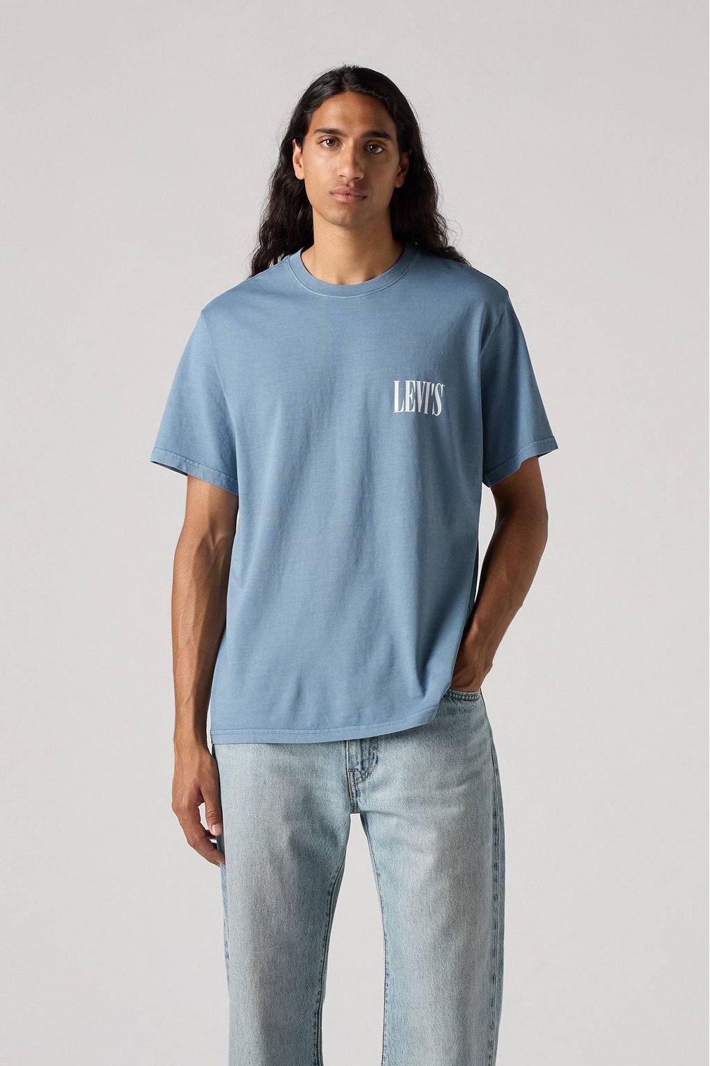 Blauwe heren Levi's T-shirt van katoen met printopdruk, korte mouwen en ronde hals