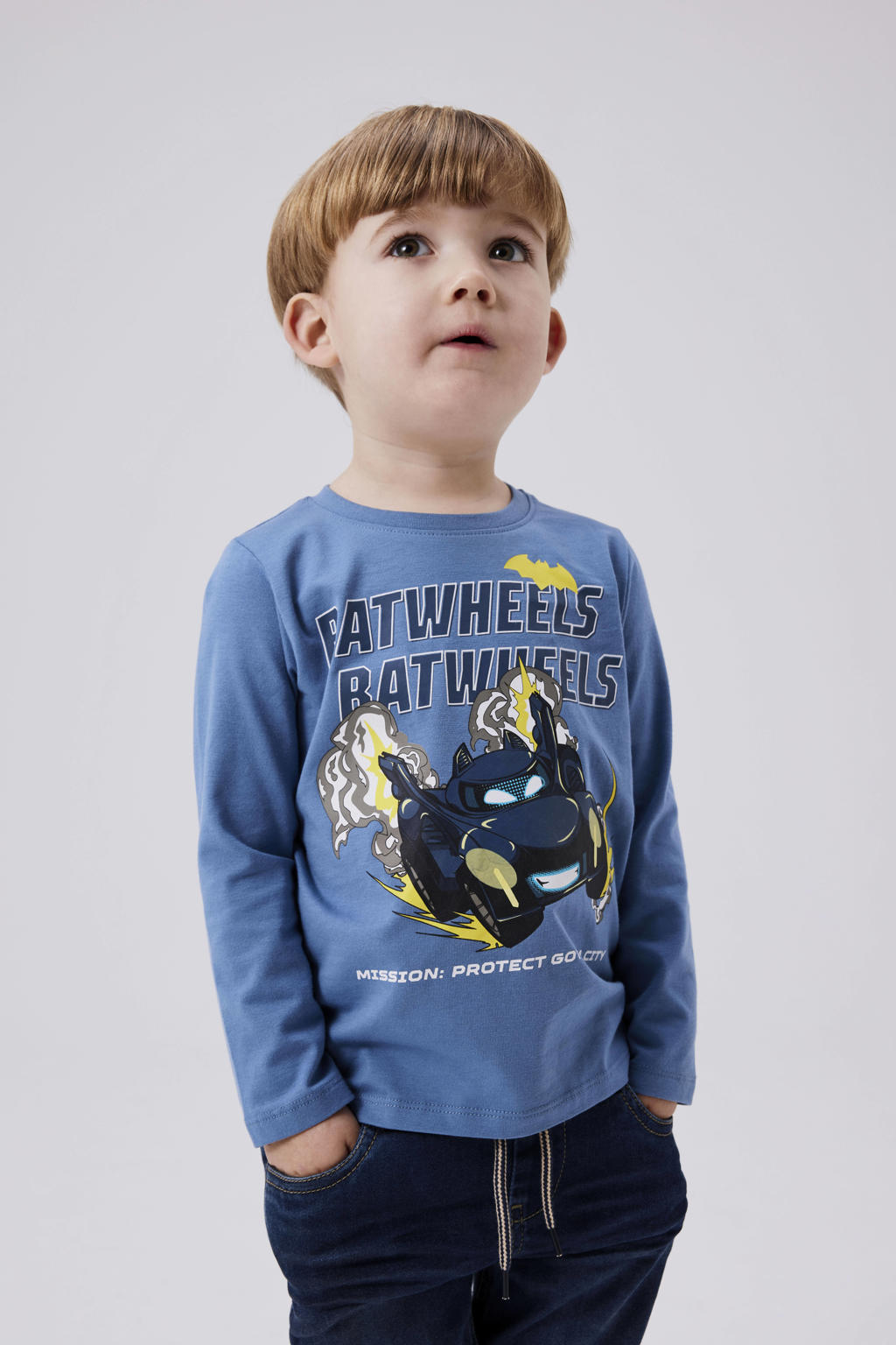 Blauwe jongens NAME IT MINI longsleeve van stretchkatoen met printopdruk, lange mouwen en ronde hals