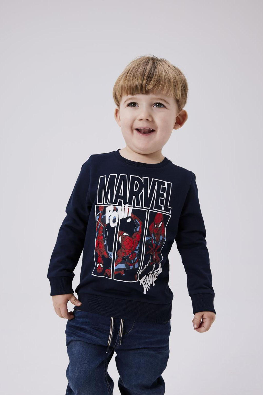 Donkerblauw en rode jongens NAME IT MINI Marvel sweater met effen, lange mouwen en ronde hals