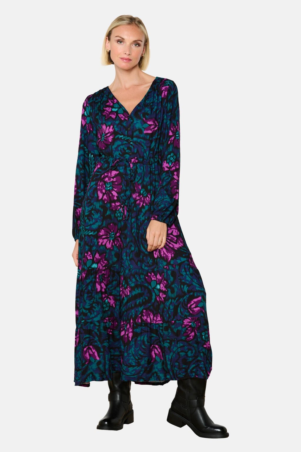 LOLALIZA gebloemde maxi jurk donkergroen/zwart/paars wehkamp