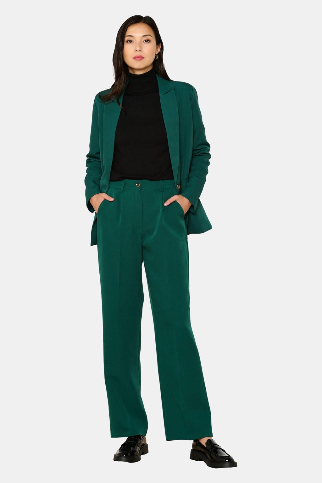 Groene dames LOLALIZA wide leg broek met rits- en knoopsluiting en effen
