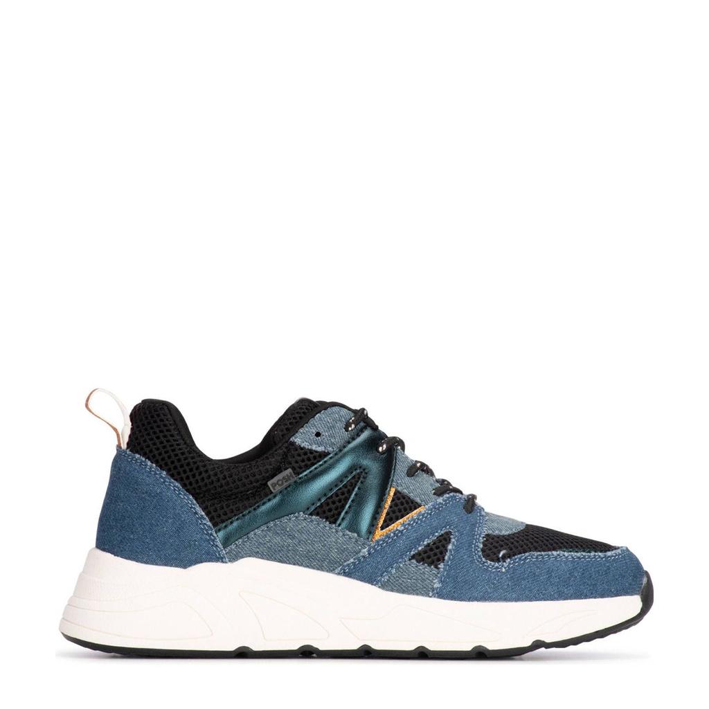 Denim, blauw en zwarte dames POSH by Poelman Carocel chunky sneakers van synthetisch materiaal met veters