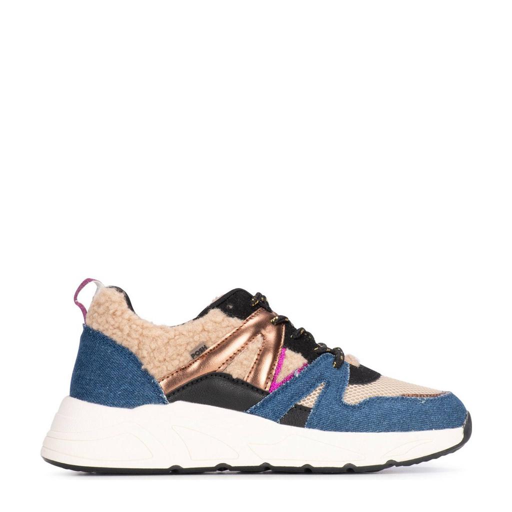 Denim en beige dames POSH by Poelman Carocel chunky sneakers van synthetisch materiaal met veters