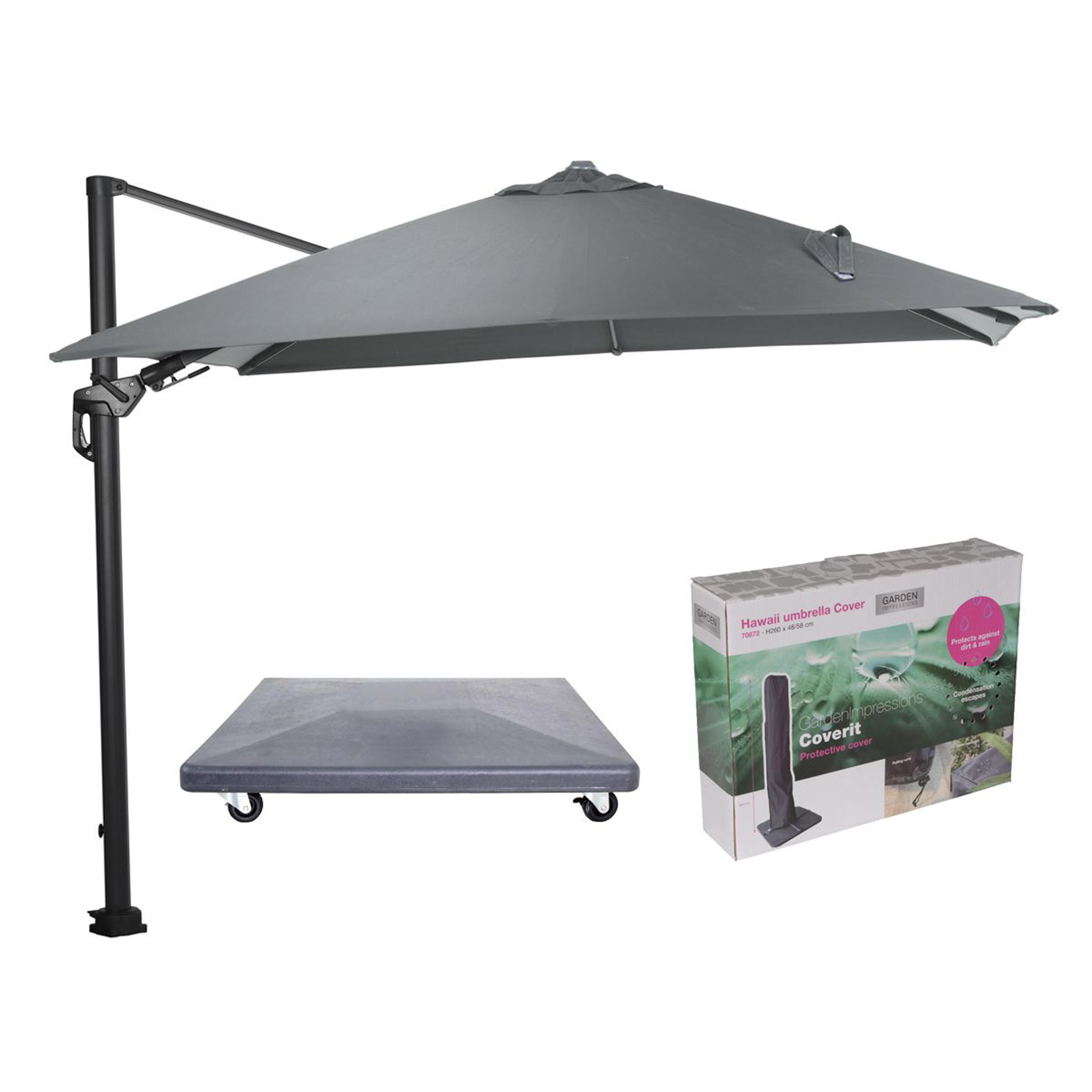 Garden Impressions Hawaii zweefparasol 3x3m l. grijs met voet en hoes
