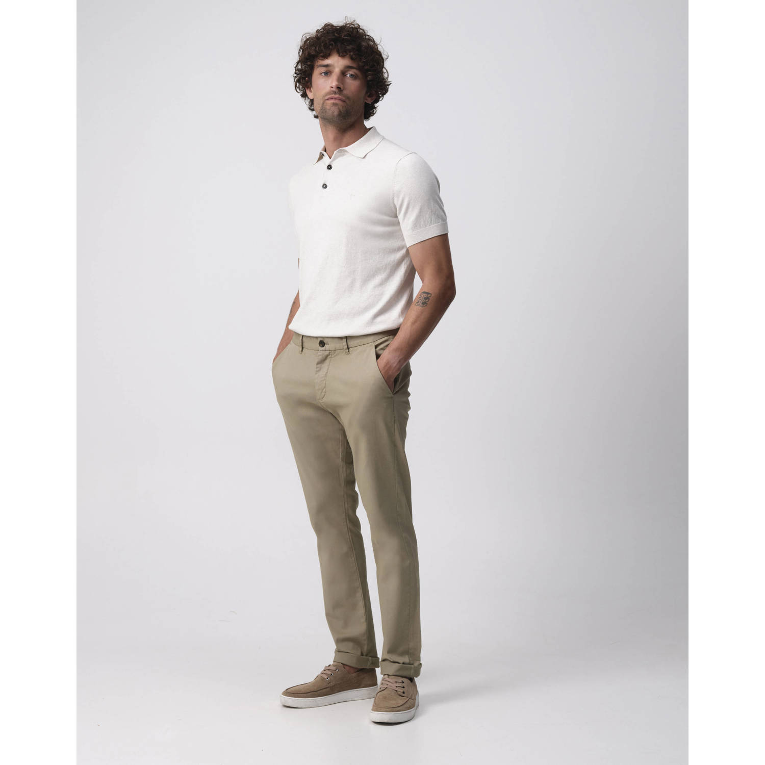 Campbell regular polo fijn gebreid ecru