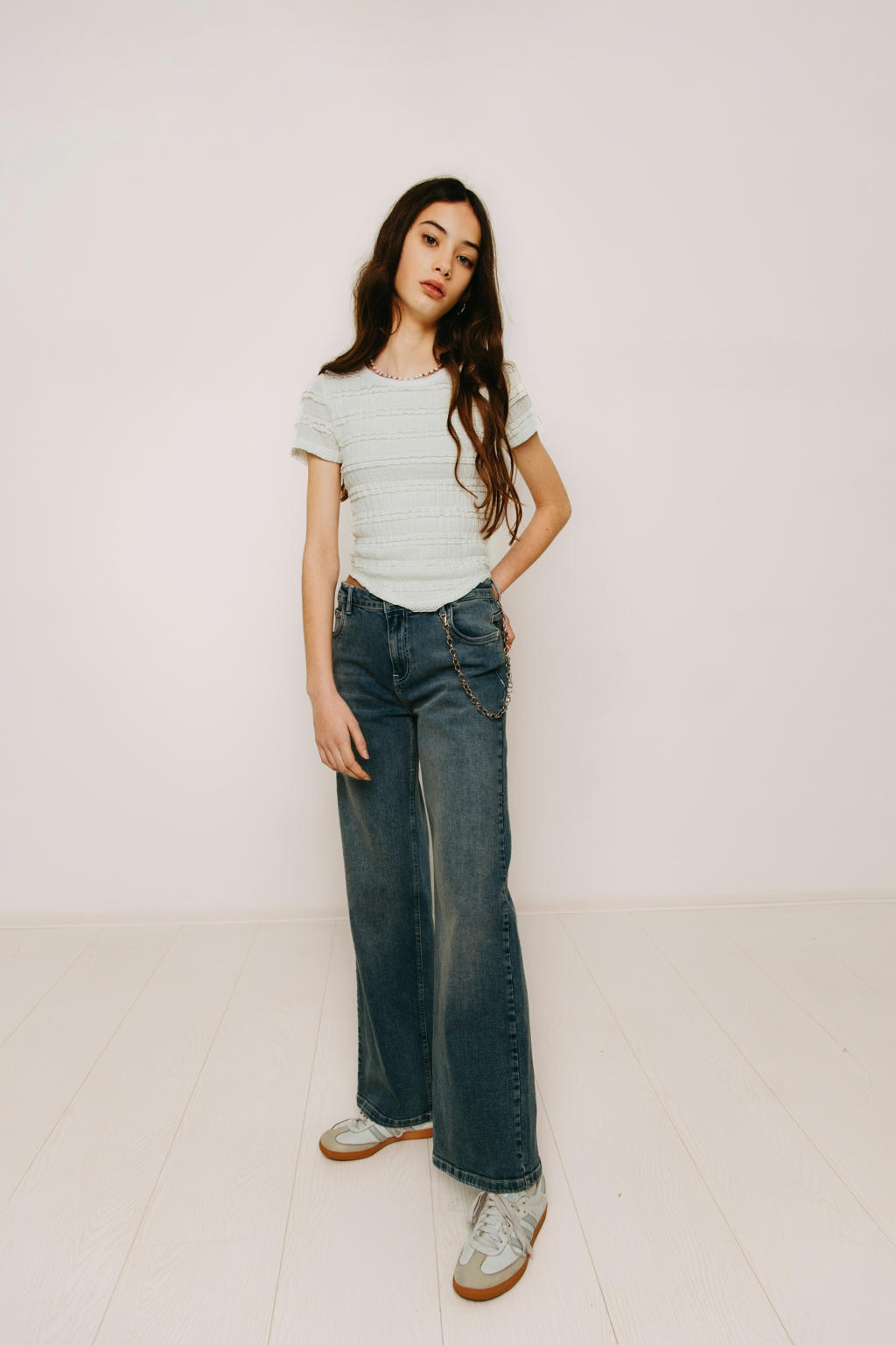 Witte meisjes Frankie&Liberty T-shirt broderie van stretchkatoen met effen, korte mouwen en ronde hals
